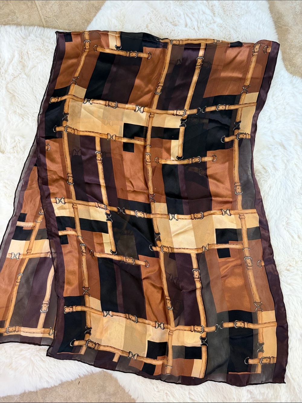 Tanner Brown & Black Belt-Print Sheer Silk Scarf 20”x 60”